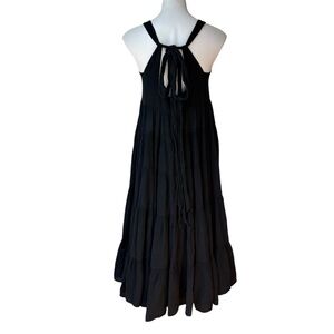 Greek Archaic Kori Black Cotton Gauze Tiered Flowy Maxi Halter Dress, Sz XS